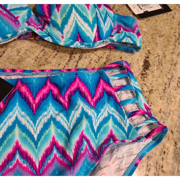 NEW Marilyn Monroe Swim Size L Two Piece Bikini Strappy Halter Blue Pink Chevron - Picture 3 of 10